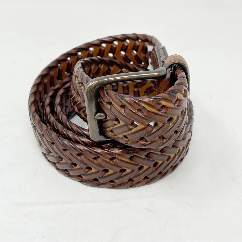 TOMMY HILFIGER Men’s Fully Adjustable Braided Belt Brown Woven Vegan Leather 42